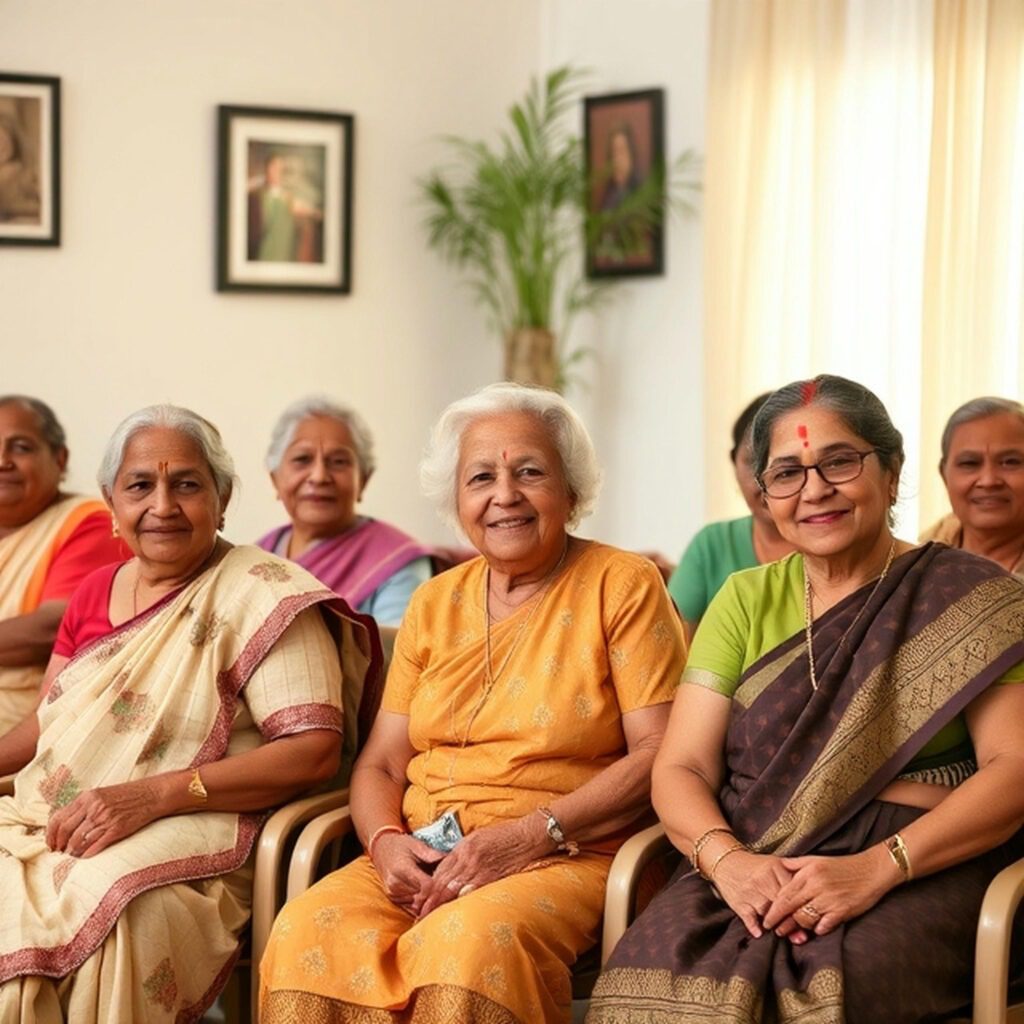 Old age homes. A group of older women seated together, smiling, in a bright room with plants and framed pictures on the walls.
